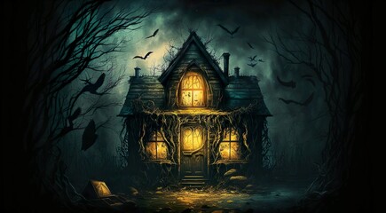 Fototapeta na wymiar Horror abandoned house with lights on, spooky scenery in dark night Generative AI
