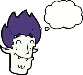 cartoon happy vampire head with thought bubble