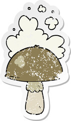 distressed sticker of a cartoon mushroom with spore cloud