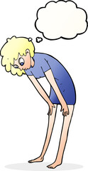 cartoon woman looking at her feet with thought bubble