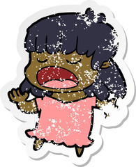 distressed sticker of a cartoon woman talking loudly