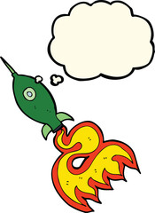 cartoon space rocket with thought bubble