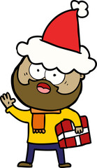 line drawing of a bearded man with present wearing santa hat