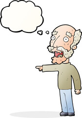 cartoon scared old man pointing with thought bubble