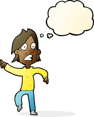 cartoon worried man pointing with thought bubble