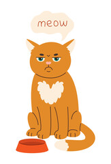 Cute sad hungry ginger cat sitting by the empty bowl. Domestic animal flat vector illustration