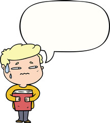 cartoon anxious boy carrying book and speech bubble