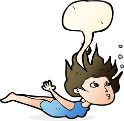 cartoon woman swimming underwater with speech bubble