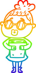 rainbow gradient line drawing cartoon woman with book wearing spectacles