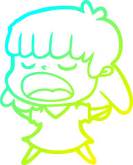 cold gradient line drawing cartoon woman talking loudly