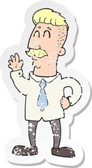 retro distressed sticker of a cartoon office man waving