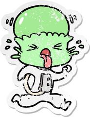 distressed sticker of a weird cartoon alien