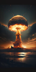 Nuclear explosion, atomic bomb. War and apocalypse concept. Mushroom cloud in the sky. Generative AI