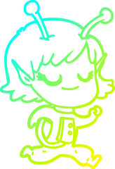 Fototapeta premium cold gradient line drawing smiling alien girl cartoon