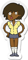 sticker of a cartoon surprised woman with hands on hips