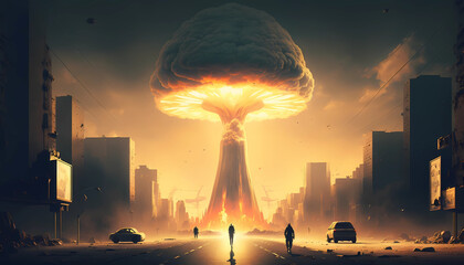 Nuclear explosion, atomic bomb in the city. War and apocalypse concept. Mushroom cloud in the sky. Generative AI