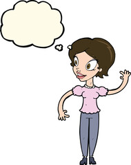 cartoon woman waving with thought bubble