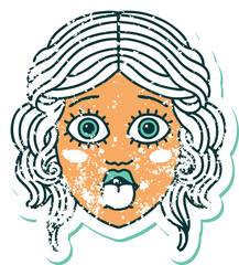 distressed sticker tattoo style icon of female face sticking out tongue