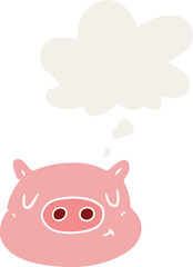 cartoon pig face and thought bubble in retro style