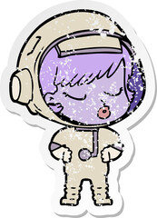 distressed sticker of a cartoon pretty astronaut girl