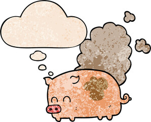 cartoon smelly pig and thought bubble in grunge texture pattern style