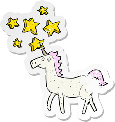 retro distressed sticker of a cartoon magical unicorn