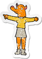 retro distressed sticker of a cartoon pointing fox woman
