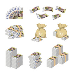 Iceland Krona Vector Illustration. Huge packs of Icelandic money set bundle banknotes. Bundle with cash bills. Deposit, wealth, accumulation and inheritance. Falling money 2000 ISK