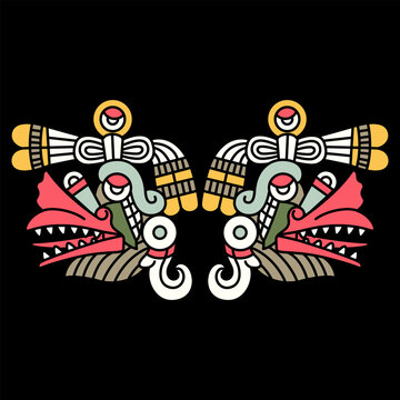 Symmetrical Ethnic Design With Two Heads Of Aztec God Of Wind Ehecatl. Mexican Codex Design. Native American Mythology. On Black Background.