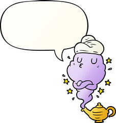 cute cartoon genie rising out of lamp and speech bubble in smooth gradient style