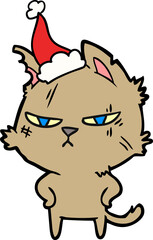 tough line drawing of a cat wearing santa hat