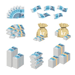 Iceland Krona Vector Illustration. Huge packs of Icelandic money set bundle banknotes. Bundle with cash bills. Deposit, wealth, accumulation and inheritance. Falling money 10000 ISK