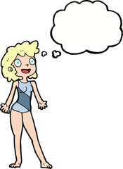 cartoon woman in swimming costume with thought bubble