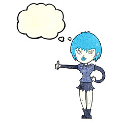cartoon vampire girl giving thumbs up sign with thought bubble