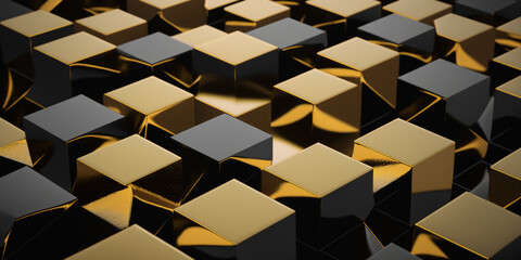 Abstract golden and black cubes. Colorful luxury 3d background. Cubic texture.