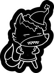 cartoon icon of a wolf showing teeth wearing santa hat