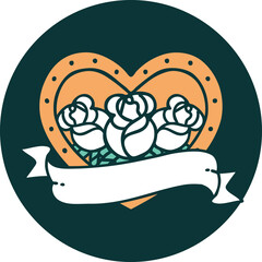 tattoo style icon of a heart and banner with flowers