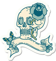 tattoo sticker with banner of a skull and rose
