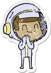 distressed sticker of a happy cartoon astronaut