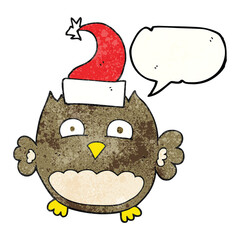 speech bubble textured cartoon owl wearing christmas hat