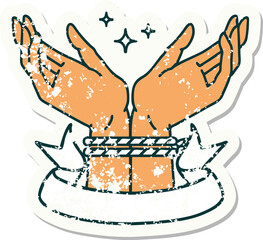 grunge sticker with banner of a pair of tied hands