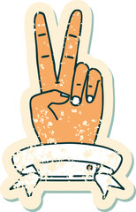 peace two finger hand gesture with banner grunge sticker