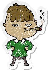 distressed sticker of a cartoon man smoking