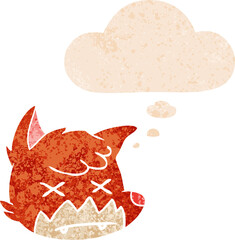 cartoon dead fox face and thought bubble in retro textured style