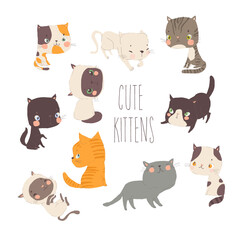 Cartoon Set with Funny Cats on White Background