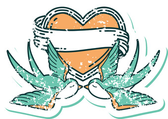 distressed sticker tattoo style icon of a swallows and a heart with banner