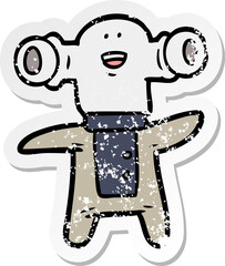 distressed sticker of a friendly cartoon alien