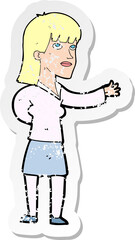retro distressed sticker of a cartoon woman explaining