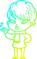 cold gradient line drawing cartoon woman