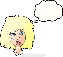 Fototapeta premium cartoon woman with bruised face with thought bubble
